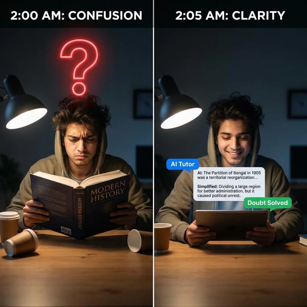 UPSC Doubt Solver Before and After Comparison — Showing Traditional Vague Generic Answers vs Socratic Hints, Examiner Trap Warnings, and UPSC Prelims & Mains Syllabus Mapping