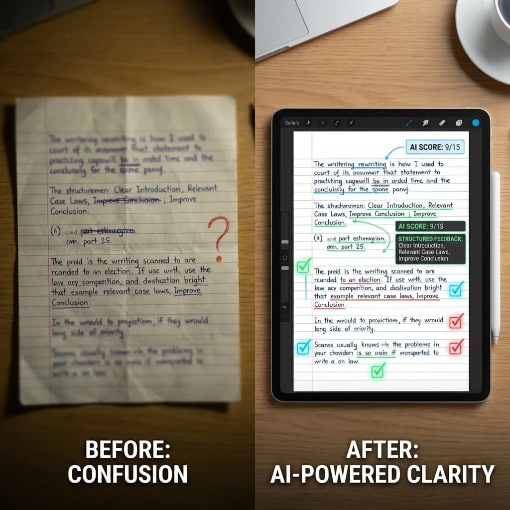 UPSC Mains Handwritten Answer Evaluation Before and After Comparison — Showing Raw Aspirant Copy vs AI Red-Pen Margin Annotations, Rubric Scoring, and Score Card
