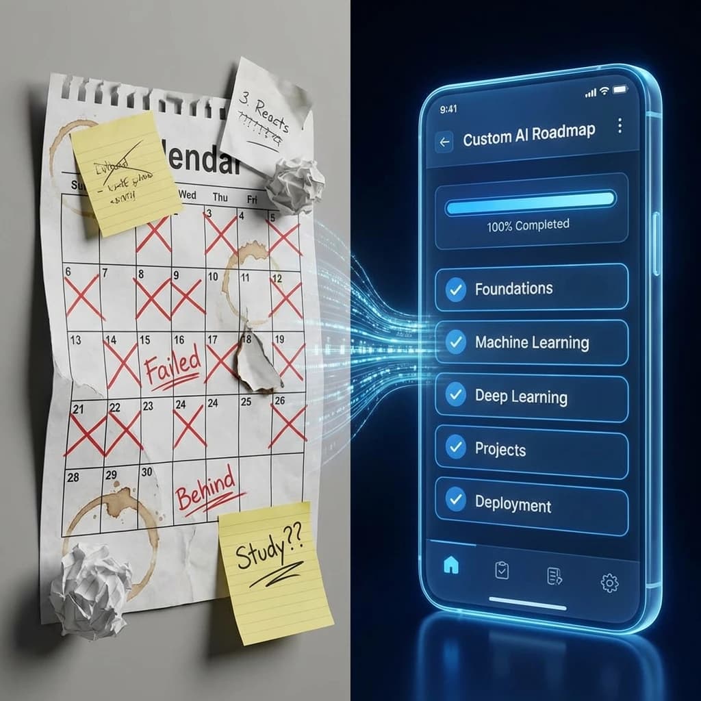 UPSC Study Planner Before and After Comparison — Static Failing Timetable vs AI Adaptive Backlog Recovery and 1-3-7-30 Spaced Repetition Roadmap