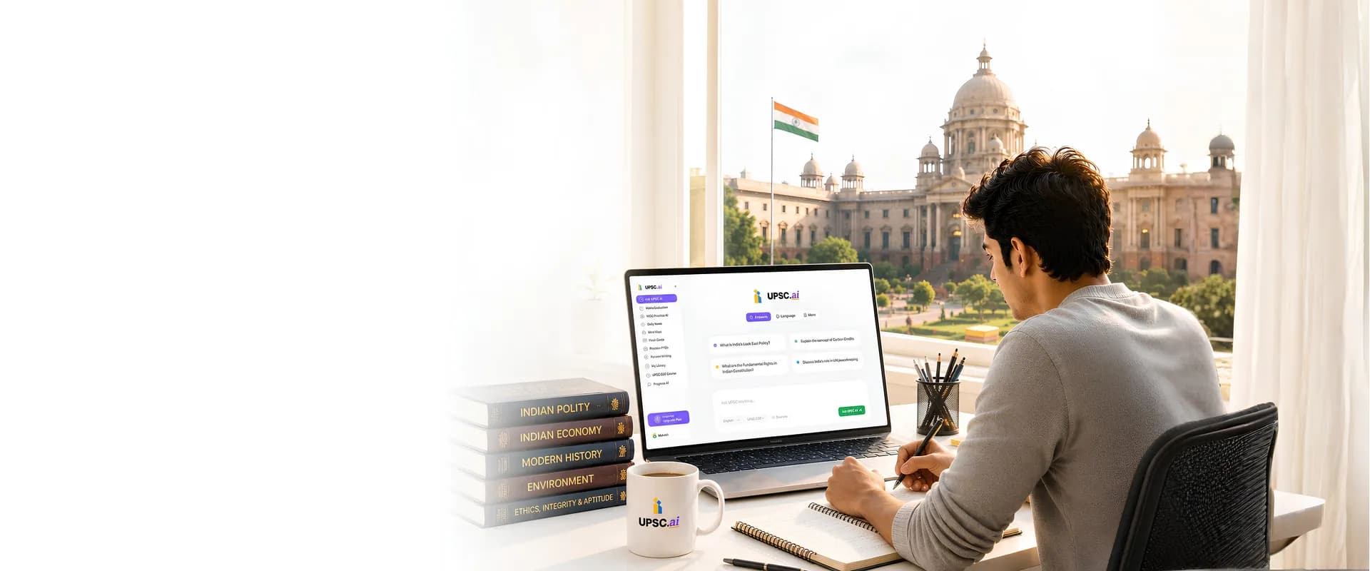 UPSC aspirant studying with UPSC AI at a sunlit desk